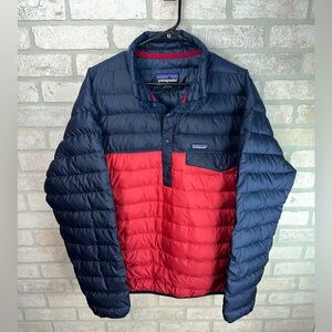 Patagonia Down Snap-T Pullover Mens Red Navy Puffer 600 Fill Coat Size XL - 0360